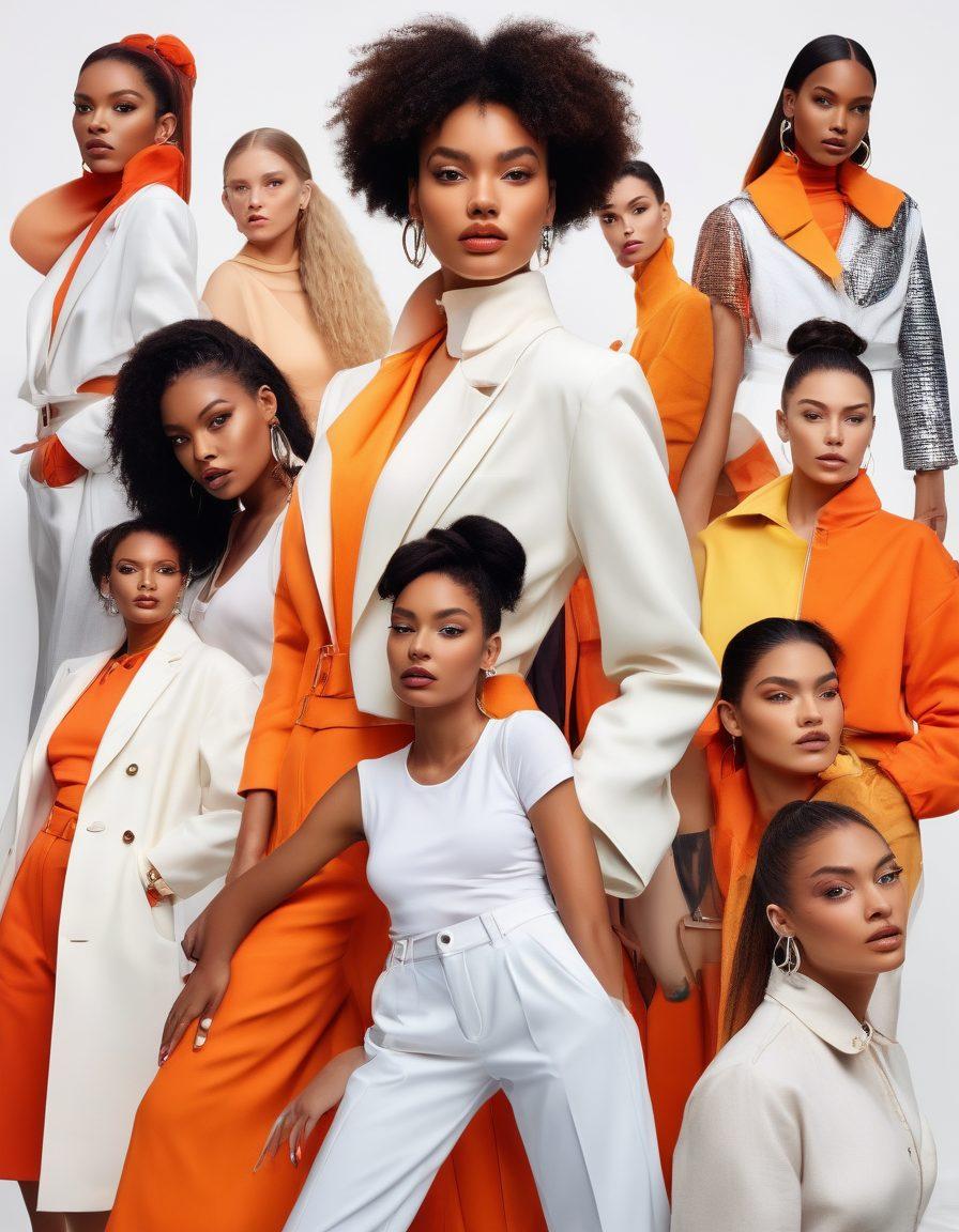 A vibrant collage of diverse models and influencers posing confidently in urban settings, with iconic fashion elements and trend charts subtly integrated in the background. Dynamic lighting enhances their expressions, showcasing their individuality and the evolving nature of the modeling industry. Stylish makeup and contemporary outfits reflect current trends. super-realistic. vibrant colors. white background.