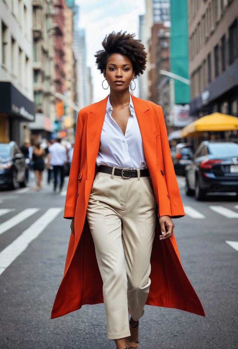 A stylish woman confidently strutting down a bustling city street, showcasing a blend of high-fashion attire and everyday casual wear, with a backdrop of trendy boutique stores. Incorporate elements of beauty standards like diverse skin tones and hairstyles, and scattered fashion magazines. The scene should radiate a vibrant urban energy, emphasizing the intersection of runway fashion and real-life application. super-realistic. vibrant colors. dynamic cityscape.